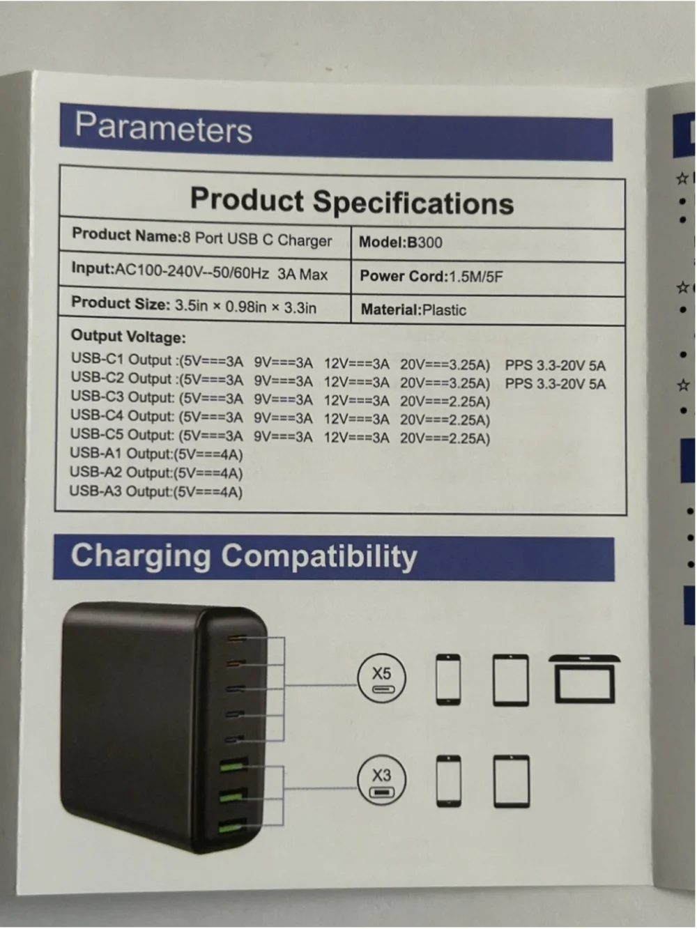 Mugueo 8-POrt USB-C Charger Model B300 5F Power Cord Included